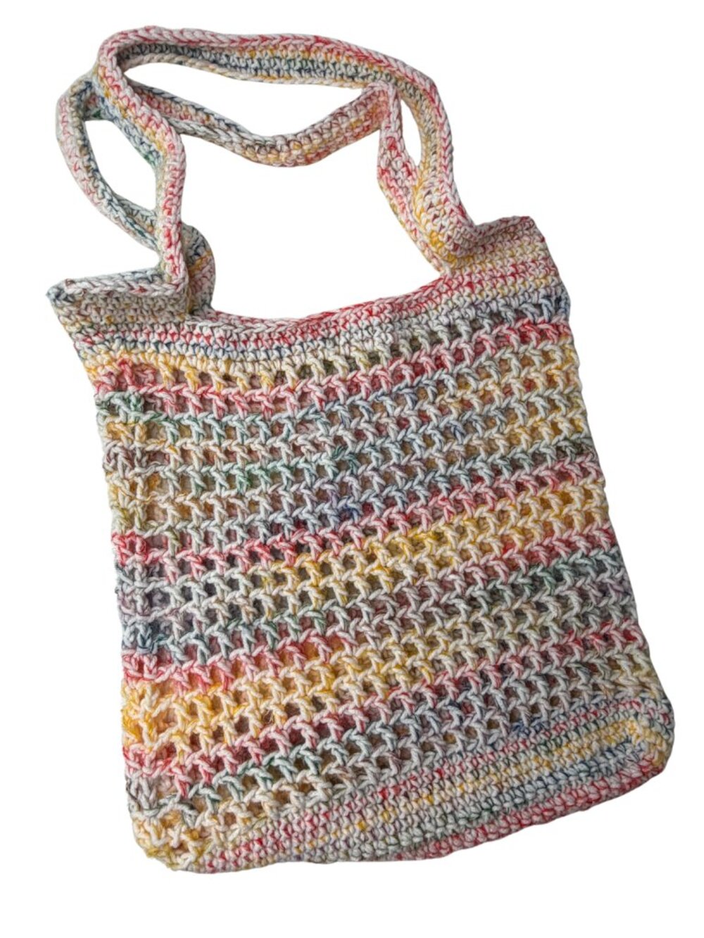 Handmade Crochet Open Knit Market Tote Bag Pastel Rainbow Multi-Color OS